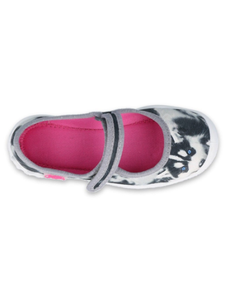 BEFADO - Dievčenské prezuvky so suchým zipsom - Motív modrookého huskyho na čiernobielom podklade, veľkosť 26-30