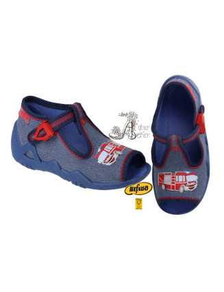 BEFADO, veľkosť 18-26 - plamene odvahy - chlapčenské prezuvky - hasičské autíčko v symbolickom záchrannom tanci