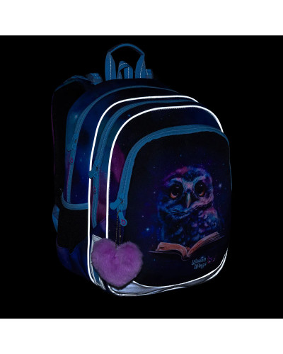 Školský batoh s motívom múdrej sovičky a hviezdnej oblohy, ideálny pre dievčatá, ktoré chcú mať svoj svet ukrytý za zipsom