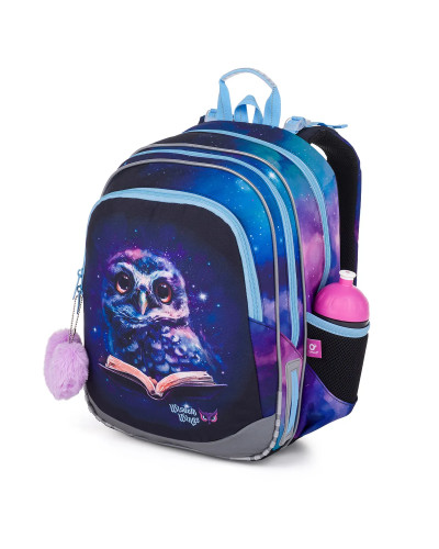 Školský batoh s motívom múdrej sovičky a hviezdnej oblohy, ideálny pre dievčatá, ktoré chcú mať svoj svet ukrytý za zipsom