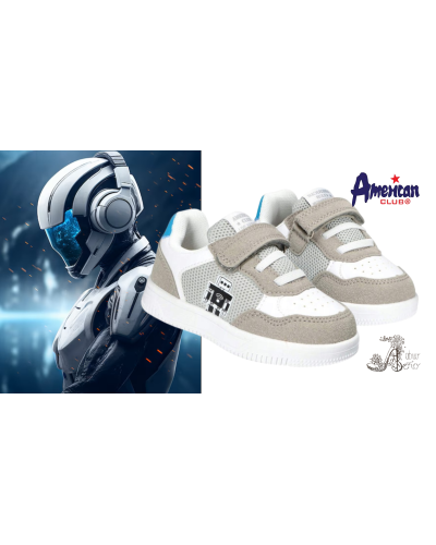 AmericanClub-chlapčenské tenisky–biela v spojení so sivou, tyrkysovou a robotom na vonkajšej strane do sveta dobrodružstva👟💙