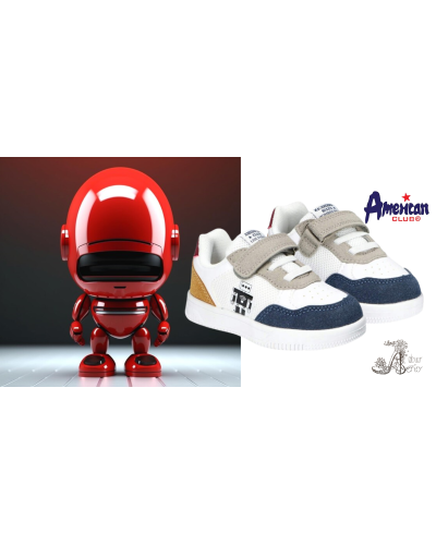 AmericanClub-chlapčenské tenisky–biela v spojení s tmavomodrou, okrovo-bordovou pätou s robotom, ktorý verne stráži každý krok👟✨