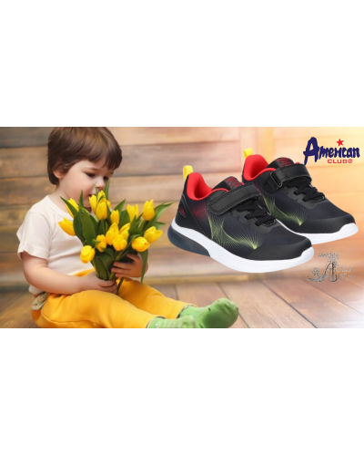 AmericanClub - chlapčenské tenisky čierne so žltými a červenými zábleskami – krok ako blesk, svietiace podrážky🚀⚡