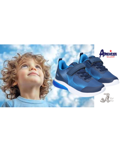 AmericanClub🌊chlapčenské tenisky – modrá hĺbka oceánu pretkaná tyrkysovým leskom, ľahký krok ⚡ svietiaca podrážka ✨ suchý zips