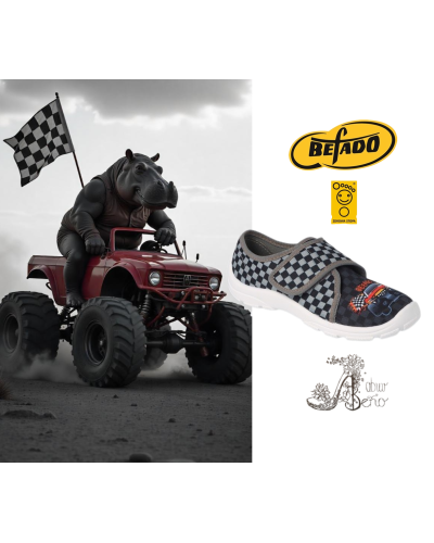 BEFADO-chlapčenské prezuvky v sivo-čiernej kombinácii, s šachovnicovou vlajkou a silou monster trucka, ako hroch na ceste🚗🖤