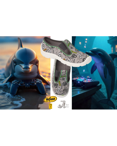 BEFADO🎮🐬hravé chlapčenské prezuvky v sivej farbe s motívom hracích konzol - buď hravý ako delfín🎮🐬