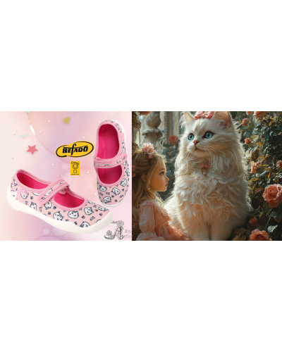 BEFADO -✨staroružový sen s nežnou mačičkou – dievčenské prezuvky, kde sa krása ruží snúbi s hebkosťou bieleho kožúška 🩰🐱