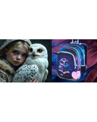 Školský batoh s motívom múdrej sovičky a hviezdnej oblohy, ideálny pre dievčatá, ktoré chcú mať svoj svet ukrytý za zipsom