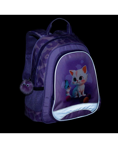 TOPGAL🐱🦋💜fialový škôlkarsky batôžtek s roztomilým mačiatkom, motýlikom a brmbolcom – kúzelný svet pre malé princezné🐱🦋💜