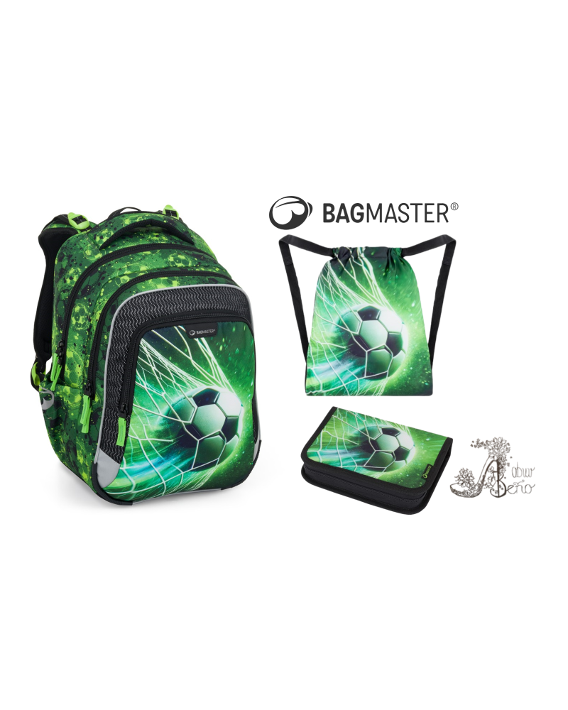 Bagmaster🌟školský set pre malých futbalových hrdinov – batoh, peračník a vrecko v motíve „Zeleň futbalu“ ⚽🌿