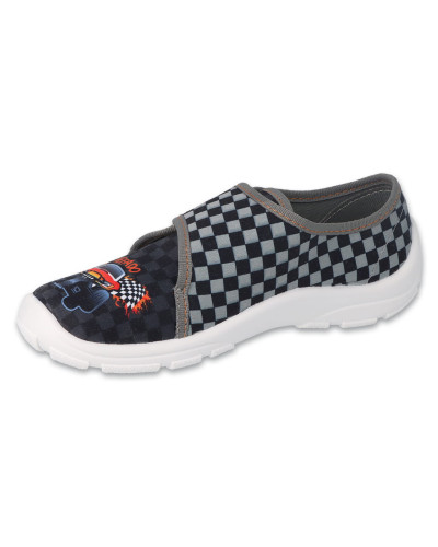 BEFADO-chlapčenské prezuvky v sivo-čiernej kombinácii, s šachovnicovou vlajkou a silou monster trucka, ako hroch na ceste🚗🖤