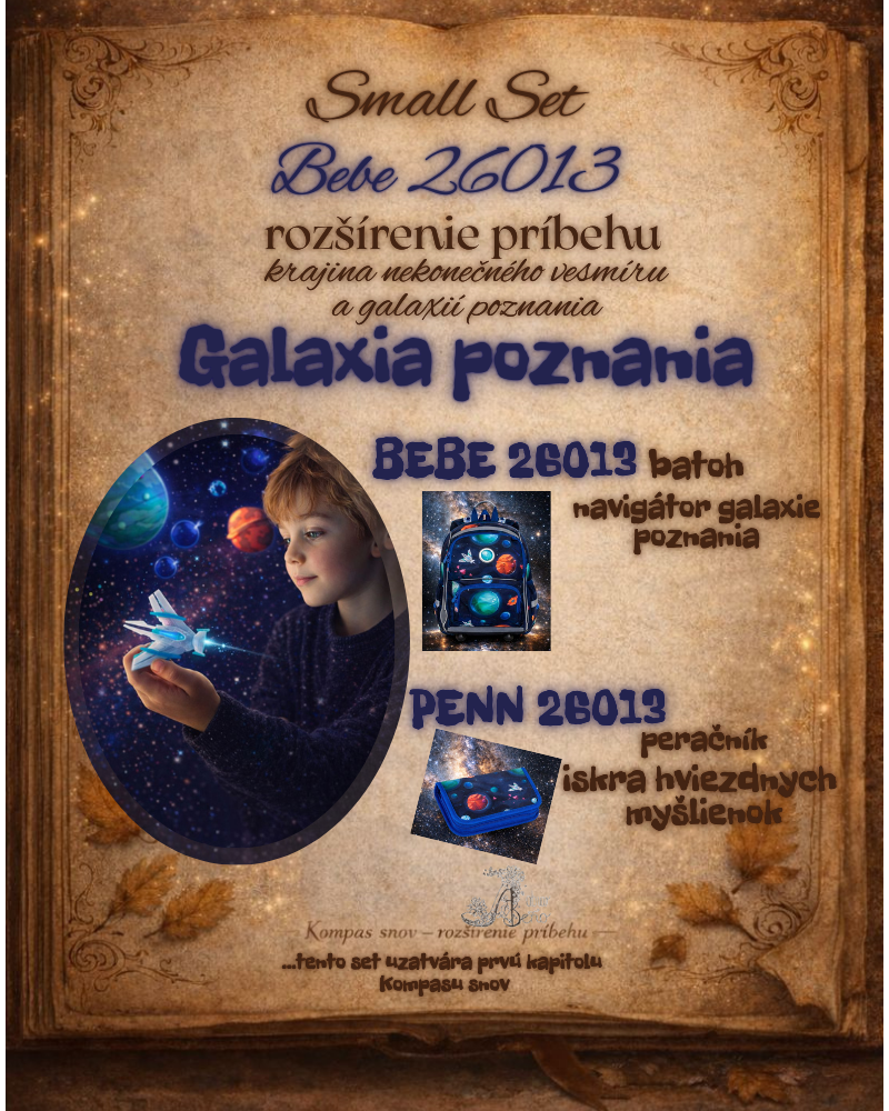 Rozprávkový kompas snov Galaxia poznania – školský set BEBE 26013 pre chlapca vesmírny motív