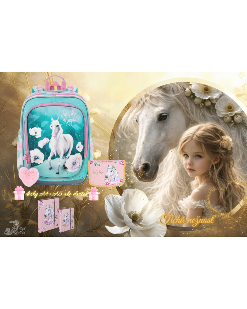 Dievčenský školský set Tichá nežnosť – tyrkysový batoh s bielym koníkom a ružový peračník s kvetmi 🌸🐴