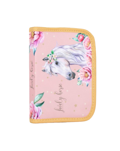 Dievčenský školský set Tichá nežnosť – tyrkysový batoh s bielym koníkom a ružový peračník s kvetmi 🌸🐴