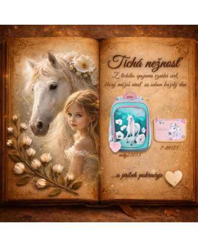 Dievčenský školský set Tichá nežnosť – tyrkysový batoh s bielym koníkom a ružový peračník s kvetmi 🌸🐴