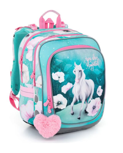 Dievčenský školský set Tichá nežnosť – tyrkysový batoh s bielym koníkom a ružový peračník s kvetmi 🌸🐴