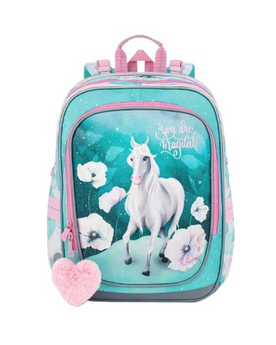 Dievčenský školský set Tichá nežnosť – tyrkysový batoh s bielym koníkom a ružový peračník s kvetmi 🌸🐴
