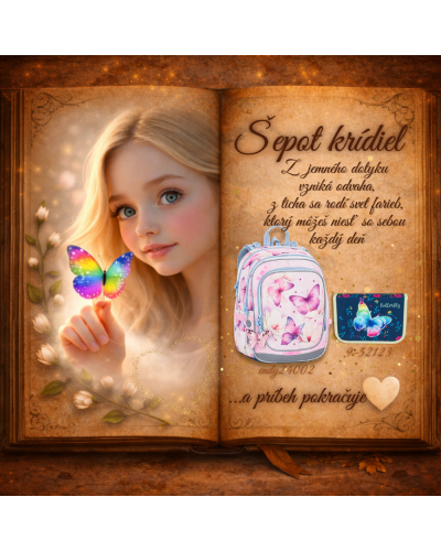 Dievčenský školský batoh s motýlikmi Šepot krídiel – set s peračníkom a doskami A4 A5
