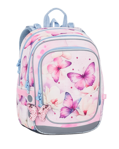 Dievčenský školský batoh s motýlikmi Šepot krídiel – set s peračníkom a doskami A4 A5