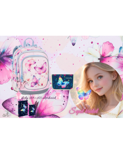 Dievčenský školský batoh s motýlikmi Šepot krídiel – set s peračníkom a doskami A4 A5
