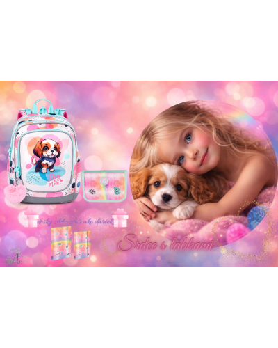 Dievčenský školský set so psíkom – školský batoh a peračník pre dievčatá na prvý stupeň ZŠ s motívom šteniatka