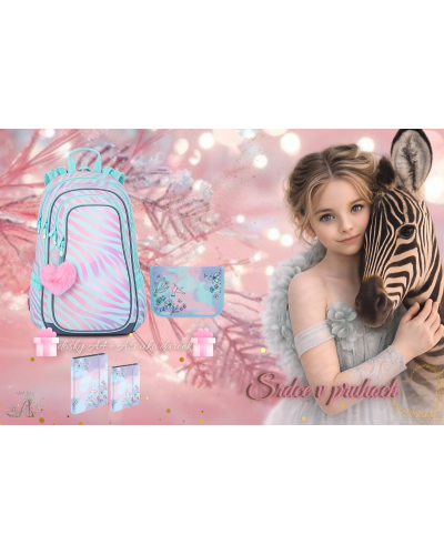 Dievčenský školský batoh tyrkysovo-ružový so zebrovým vzorom – set s peračníkom a darčekovými doskami A4 a A5
