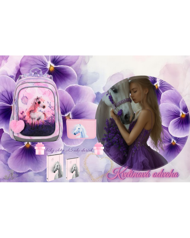 Kvetinová odvaha – dievčenský školský set s batohom Topgal ENDY 25073 a peračníkom s koníkom