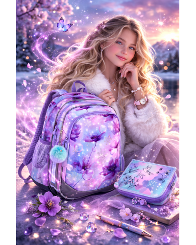 Dievčenský školský set TOPGAL ELLY 24050 Kráľovská iskra – batoh a peračník v jemnom fialovom dizajne