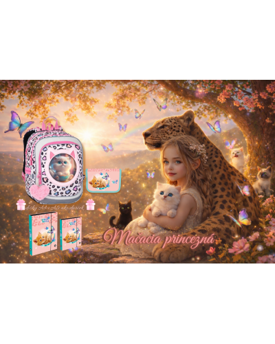 Dievčenský školský set TOPGAL ENDY23037 Mačacia princezná s motívom mačky – batoh a peračník pre prváčku