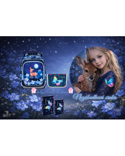 Nezábudková srnka – dievčenský školský set TOPGAL ENDY23002 s batohom a peračníkom, nočný motív srnky pod mesiacom