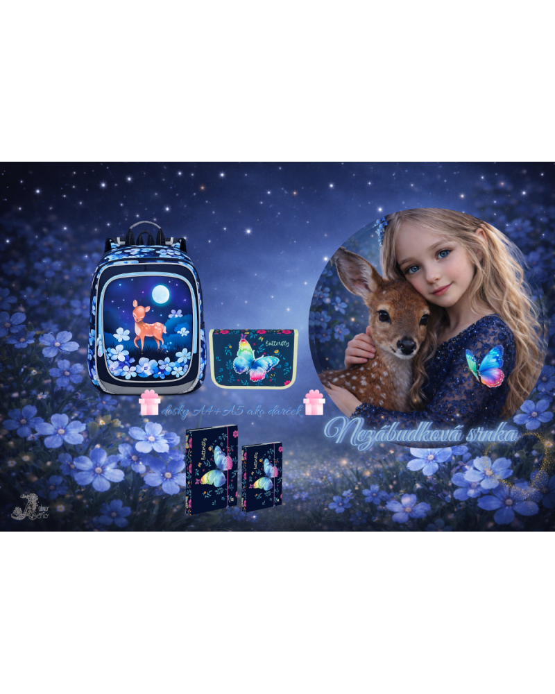 Nezábudková srnka – dievčenský školský set TOPGAL ENDY23002 s batohom a peračníkom, nočný motív srnky pod mesiacom