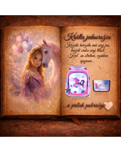 Dievčenský školský set TOPGAL ENDY20002 Krídla jednorožca s batohom a peračníkom v ružovo-fialovom fantasy dizajne