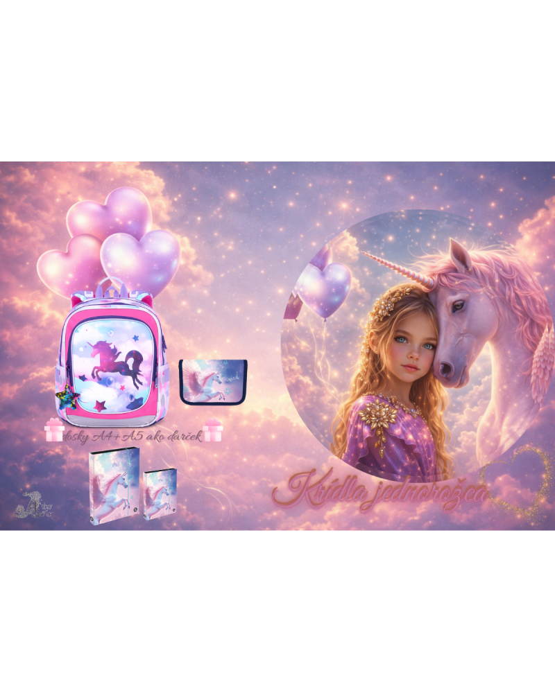 Dievčenský školský set TOPGAL ENDY20002 Krídla jednorožca s batohom a peračníkom v ružovo-fialovom fantasy dizajne