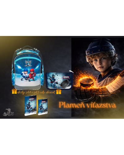 Plameň víťazstva TOPGAL COCO26017 chlapčenský školský set s hokejovým motívom – ergonomický batoh a peračník pre 1. stupeň ZŠ