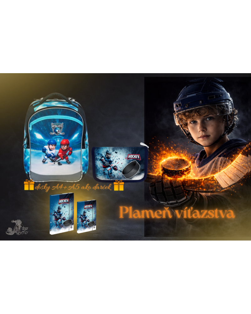 Plameň víťazstva TOPGAL COCO26017 chlapčenský školský set s hokejovým motívom – ergonomický batoh a peračník pre 1. stupeň ZŠ