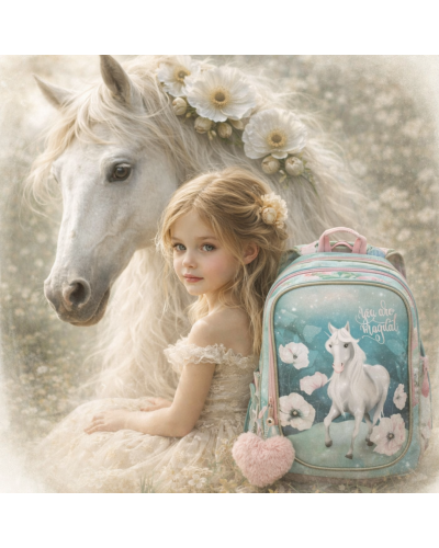Dievčenský školský set Tichá nežnosť – tyrkysový batoh s bielym koníkom a ružový peračník s kvetmi 🌸🐴
