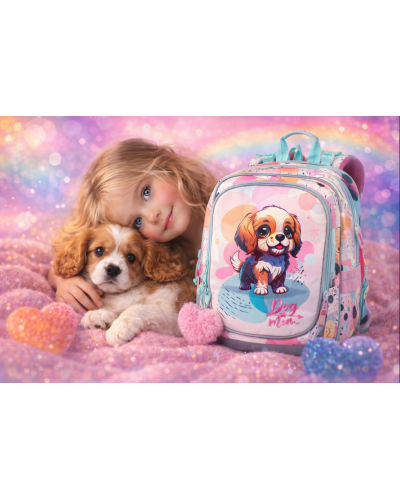 Dievčenský školský set so psíkom – školský batoh a peračník pre dievčatá na prvý stupeň ZŠ s motívom šteniatka