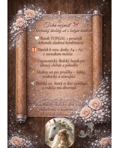 Dievčenský školský set Tichá nežnosť – tyrkysový batoh s bielym koníkom a ružový peračník s kvetmi 🌸🐴