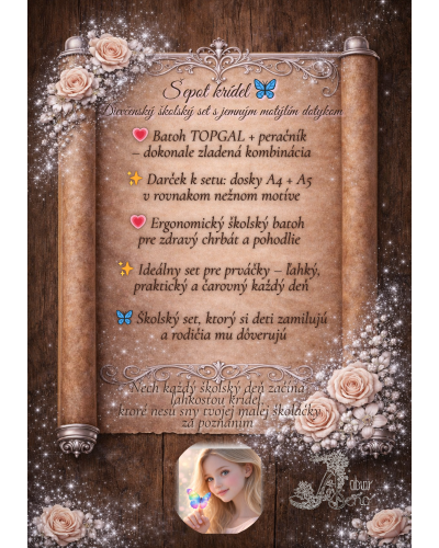 Dievčenský školský batoh s motýlikmi Šepot krídiel – set s peračníkom a doskami A4 A5