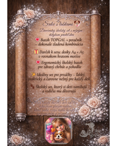 Dievčenský školský set so psíkom – školský batoh a peračník pre dievčatá na prvý stupeň ZŠ s motívom šteniatka