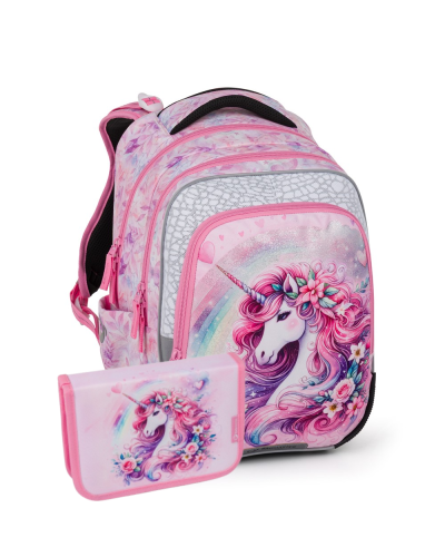 Dievčenský školský set Bagmaster Beta 26B jednorožec – batoh a peračník v rozprávkovom štýle