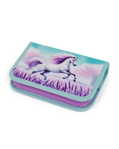 Dievčenský školský set Bagmaster s jednorožcom – batoh a peračník pre prváčku v rozprávkovom fialovo-ružovom dizajne