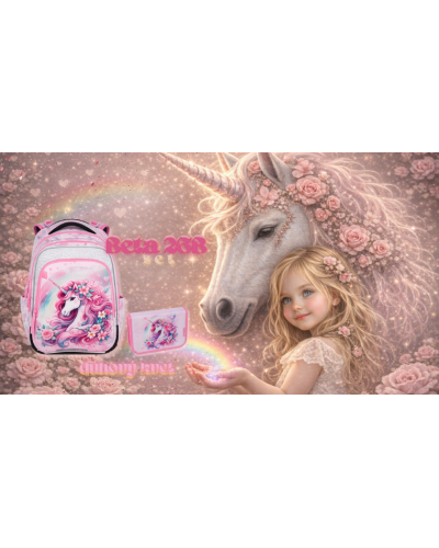 Dievčenský školský set Bagmaster Beta 26B jednorožec – batoh a peračník v rozprávkovom štýle