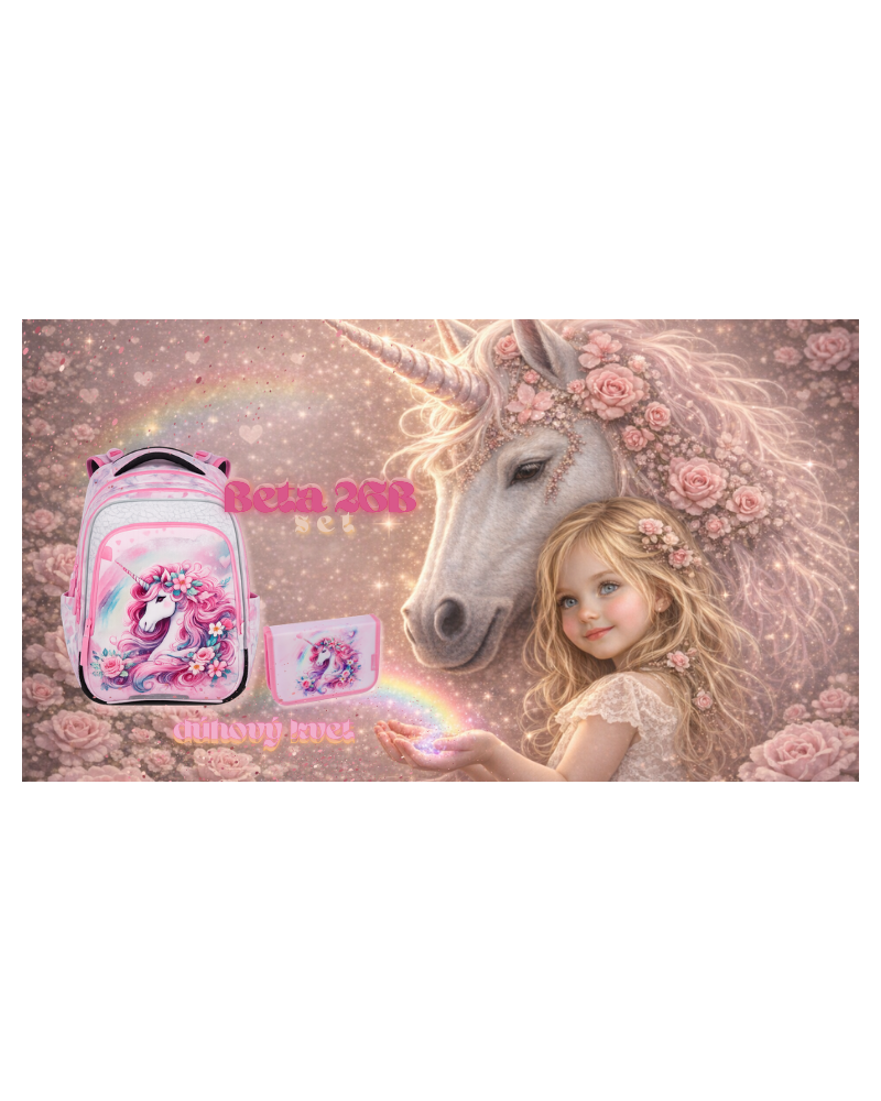 Dievčenský školský set Bagmaster Beta 26B jednorožec – batoh a peračník v rozprávkovom štýle