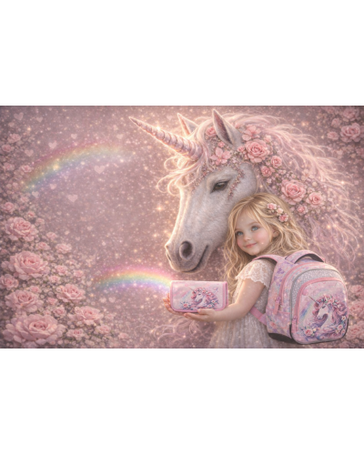 Dievčenský školský set Bagmaster Beta 26B jednorožec – batoh a peračník v rozprávkovom štýle