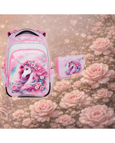 Dievčenský školský set Bagmaster Beta 26B jednorožec – batoh a peračník v rozprávkovom štýle