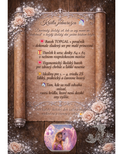 Dievčenský školský set TOPGAL ENDY20002 Krídla jednorožca s batohom a peračníkom v ružovo-fialovom fantasy dizajne