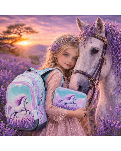 Dievčenský školský set Bagmaster s jednorožcom – batoh a peračník pre prváčku v rozprávkovom fialovo-ružovom dizajne