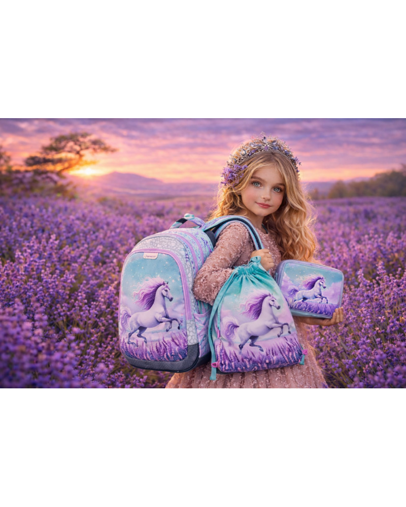 Školský set pre prváčky Bagmaster LUMI 26B – batoh, peračník a vrecko s koníkom 🐎