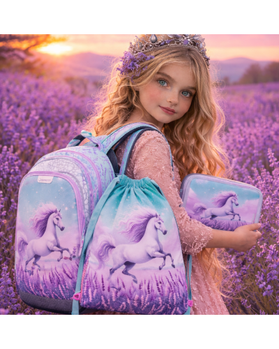 Školský set pre prváčky Bagmaster LUMI 26B – batoh, peračník a vrecko s koníkom 🐎